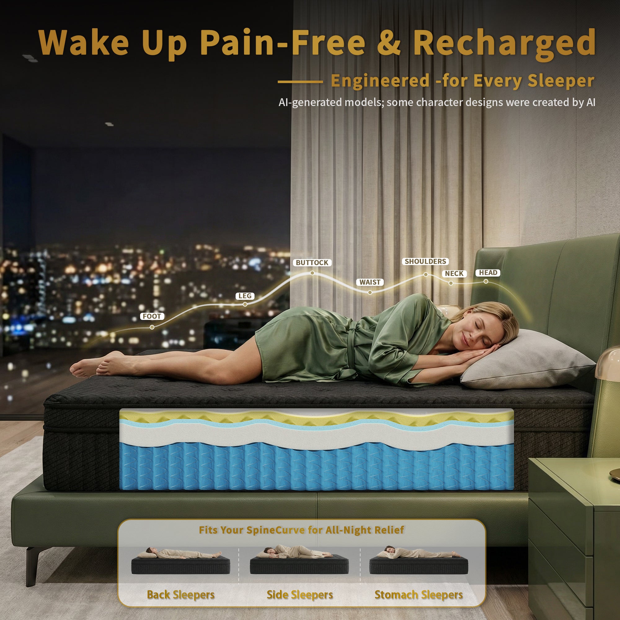 CorePillow 12"Twin XL Mattress,Multi-Zone Pocket Spring Support,Medium Firm | Targeted Spinal Support,Multi-zone individual pocket coils align the spine naturally to relieve chronic back pain