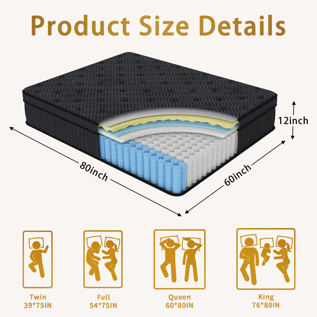 CorePillow 12"Twin XL Mattress,Multi-Zone Pocket Spring Support,Medium Firm | Targeted Spinal Support,Multi-zone individual pocket coils align the spine naturally to relieve chronic back pain