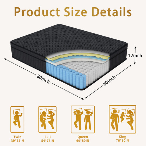 CorePillow 12"Twin XL Mattress,Multi-Zone Pocket Spring Support,Medium Firm | Targeted Spinal Support,Multi-zone individual pocket coils align the spine naturally to relieve chronic back pain